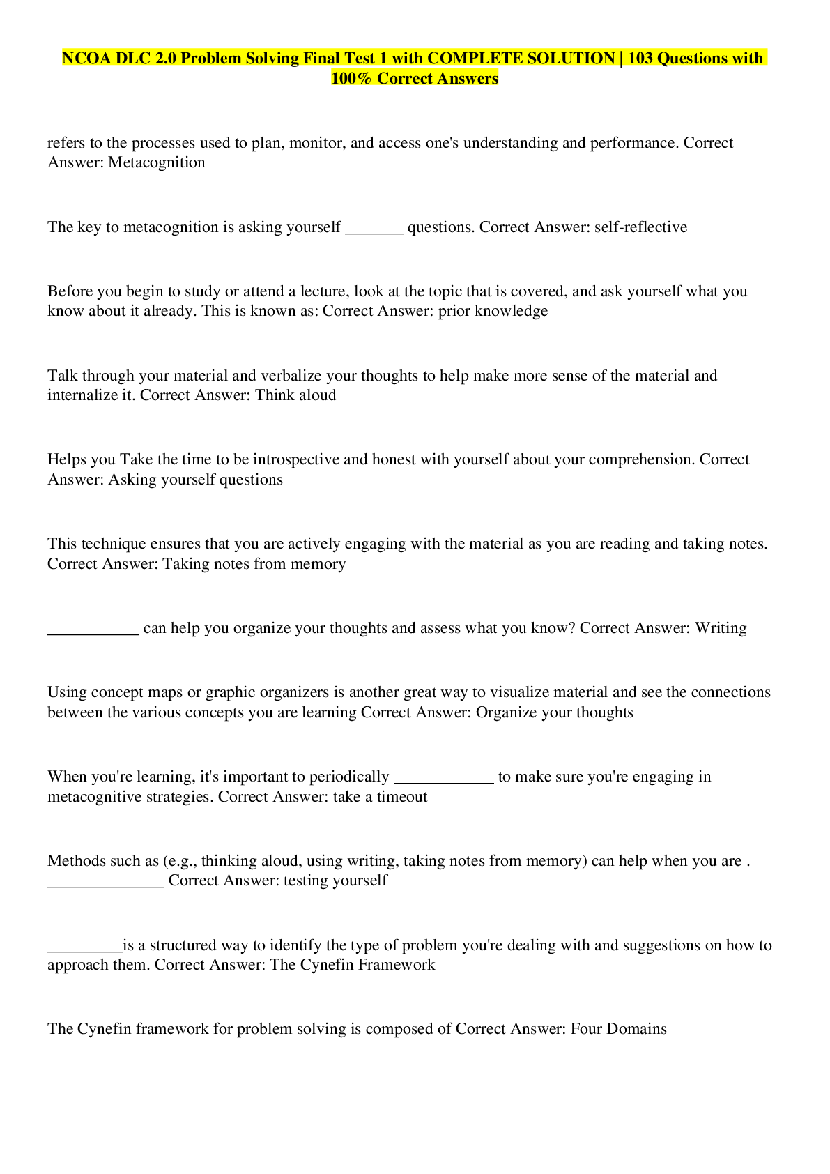 Preview image for NCOA DLC 2.0 Problem Solving Final Test 1 with COMPLETE SOLUTION | 103 Questions with 100% Correct Answers